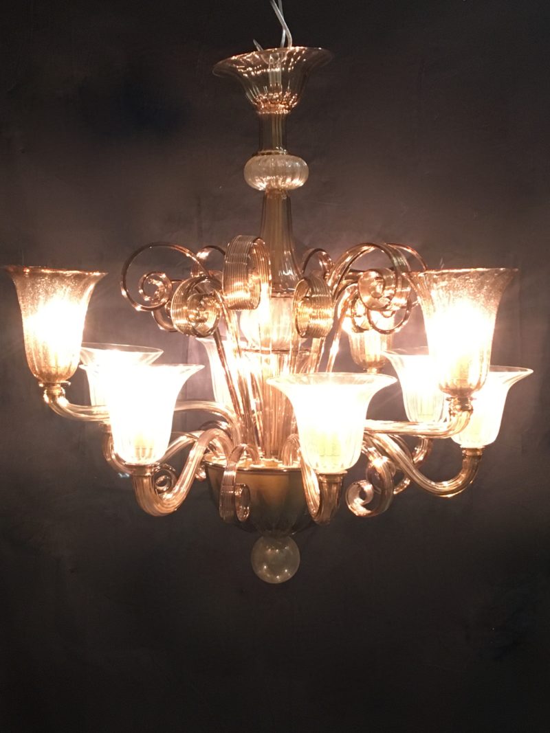 Lampadario ditta Cesare Toso color ocra e bianco trasparente 1970 Murano. - immagine 4