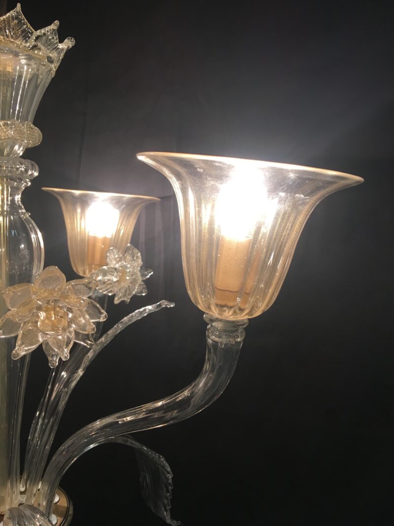 4°luci cristallo + foglia oro; h 67cm (con allungo 94 cm), larg. 61 cm.