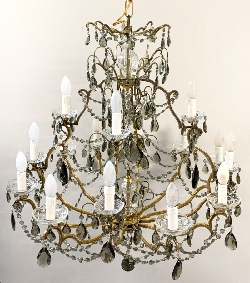lampadario a gocce vintage di ottone e coppe di Murano. 1950 16 luci - immagine 9