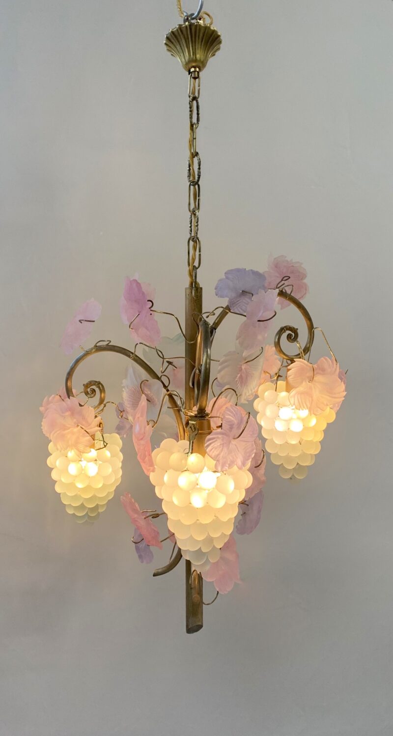 lampadario MURANO con uva e foglie in vetro ditta CESARE E TOSO 1980 3 grappoli - immagine 4