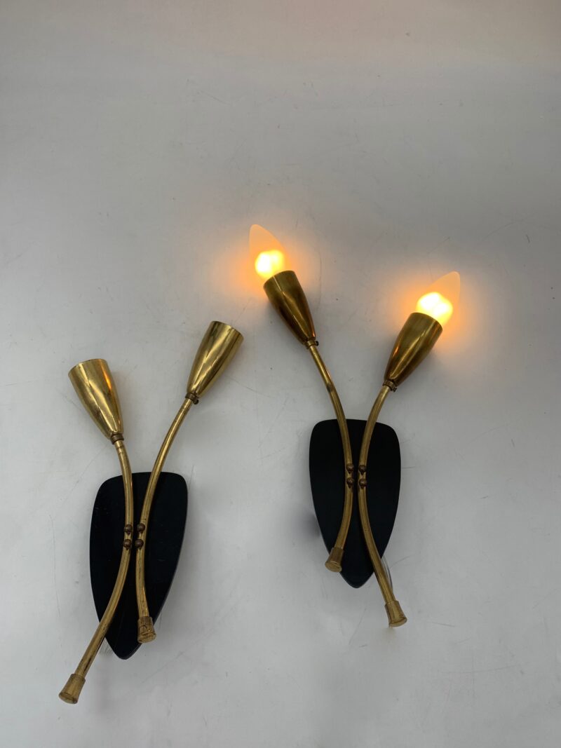 2 luci, base nera con steli in ottone; (coppia) h 32 cm, largh 17 cm, spess. 10 cm.