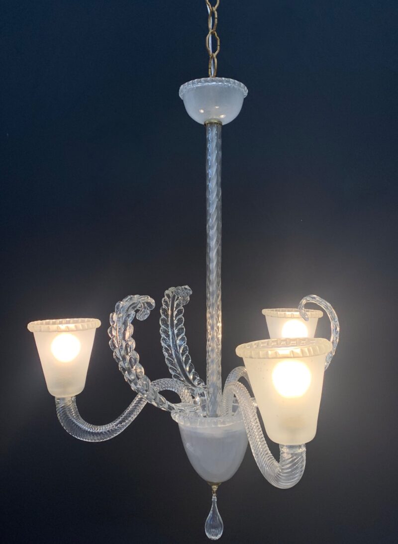Lampadario in vetro di Murano a 3 braccia trasparente sabbiato Barovier - immagine 3