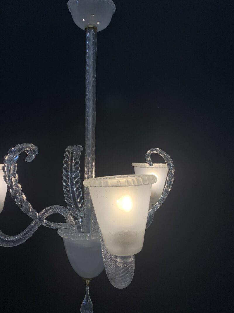 Lampadario in vetro di Murano a 3 braccia trasparente sabbiato Barovier - immagine 4