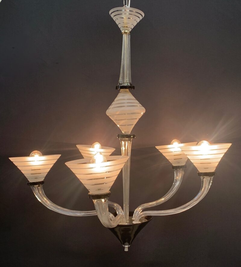 Lampadario in vetro di Murano a 5 braccia trasparente nero sabbiato venini - immagine 5