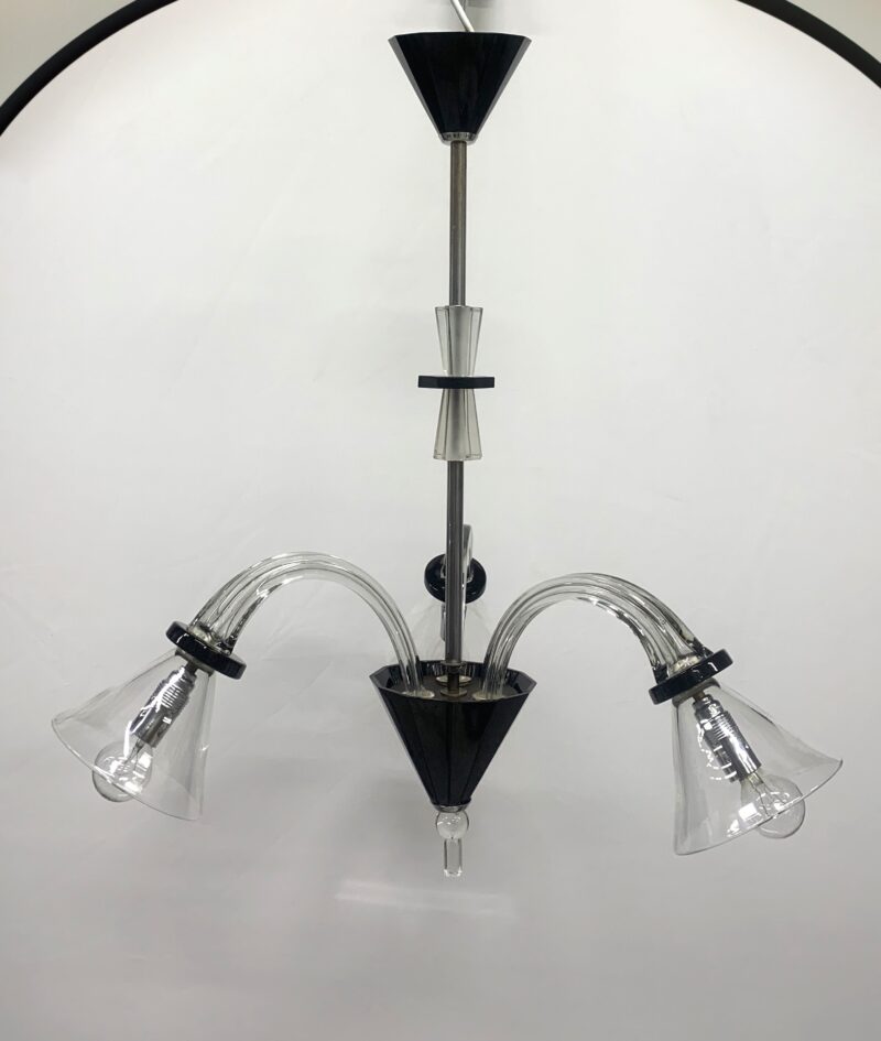 Lampadario vintage attribuito a Venini del 1930 3 luci  vetro cristallo e nero - immagine 3
