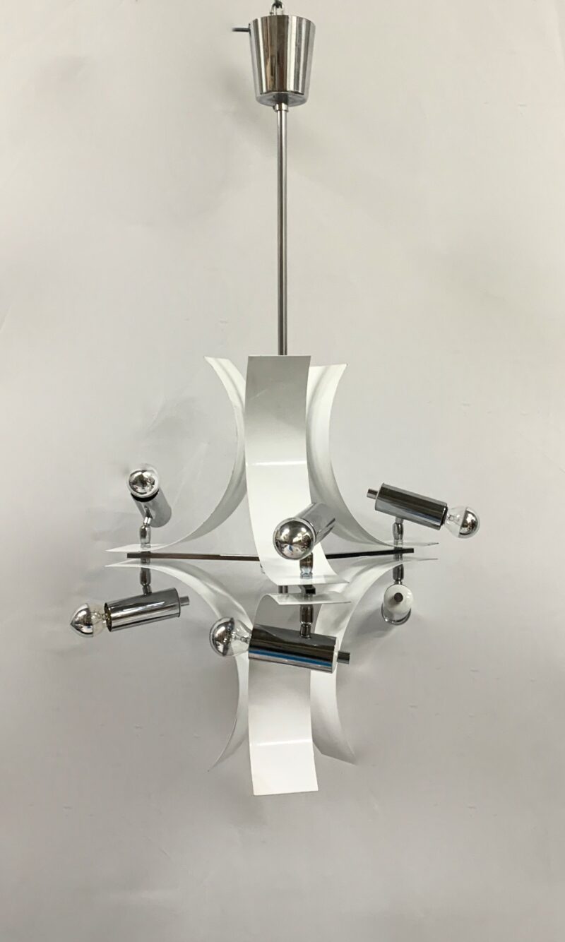 Lampadario con faretti design attribuito a reggiani design 1970 pendente bianco - immagine 3