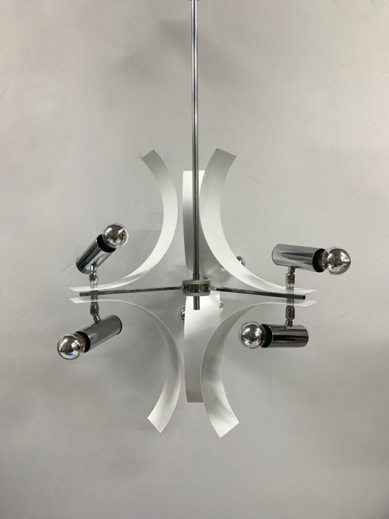 Lampadario con faretti design attribuito a reggiani design 1970 pendente bianco - immagine 5